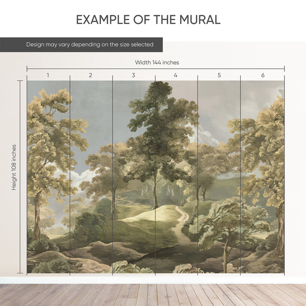 Example of a 144-inch-wide by 108-inch-high mural split into 6 panels, showing how the design is divided across  panels; the printed design varies with the size selected.
