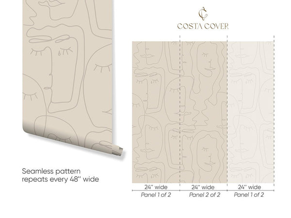 Beige Abstract Female Face Wallpaper CC307 - CostaCover - Peel and stick Removable Wallpaper - Abstract - abstract lines - abstract mural