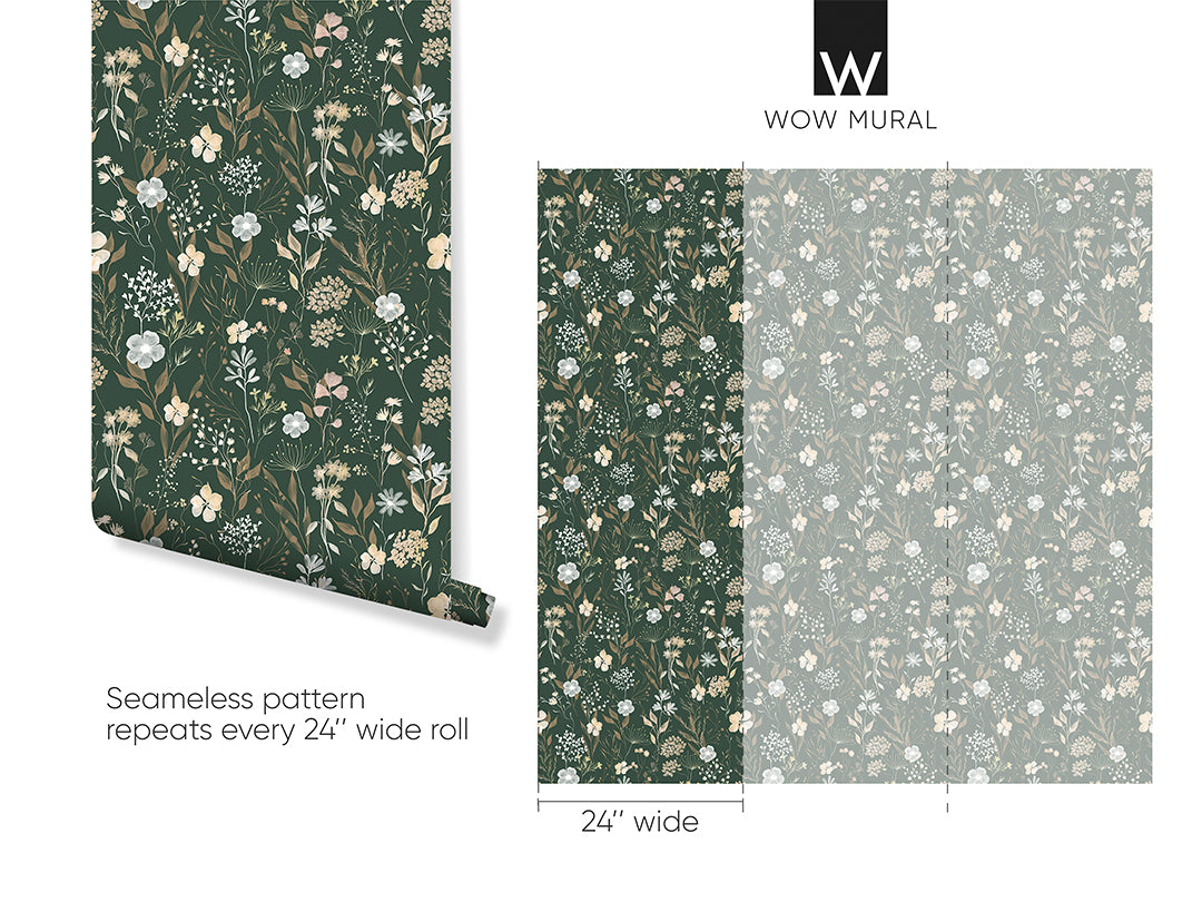 Green & Beige Wildflowers Wallpaper W137