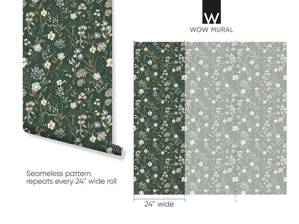 Green & Beige Wildflowers Wallpaper W137 - CostaCover - Peel and stick Removable Wallpaper - Abstract - abstract floral - abstract wall art