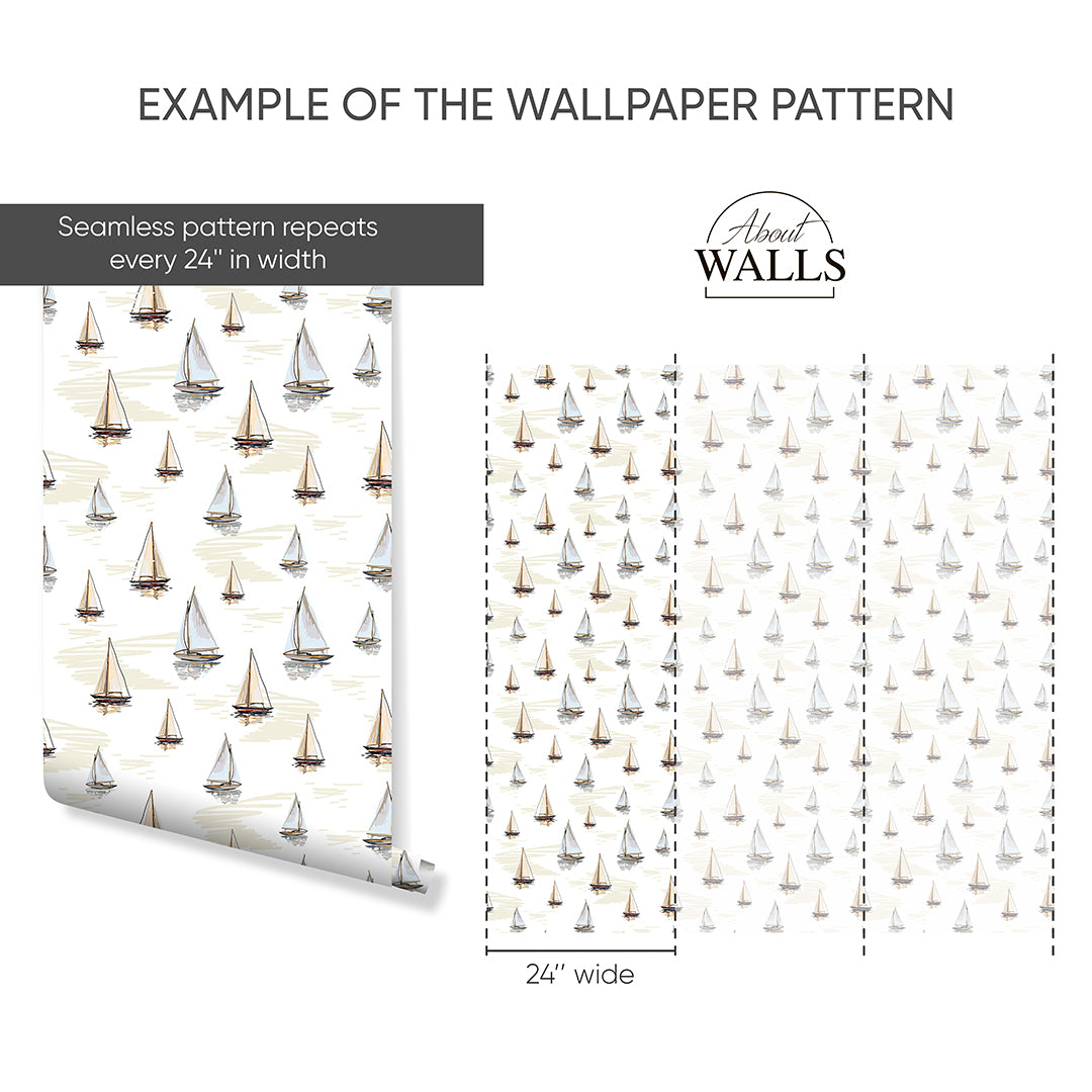 Beige Blue Sailboats Wallpaper A076