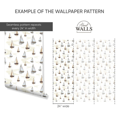 Beige Blue Sailboats Wallpaper A076