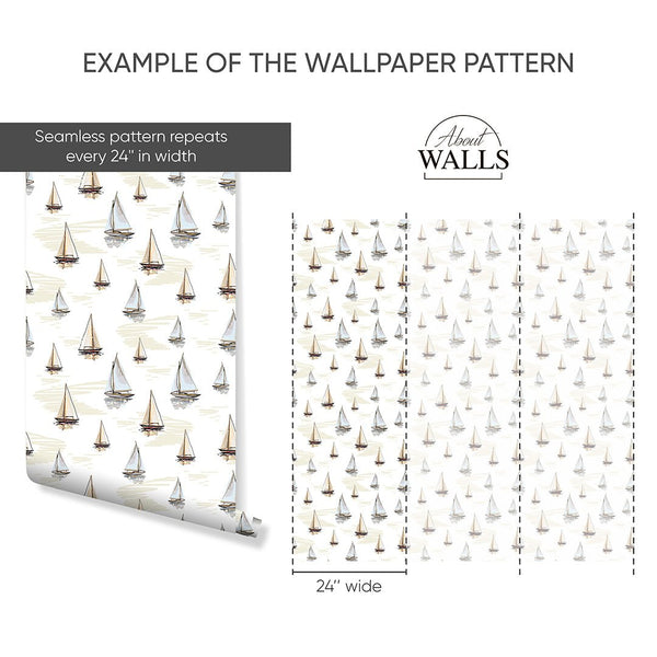 Beige Blue Sailboats Wallpaper A076 - CostaCover-Peel and stick Removable Wallpaper-Abstract-abstract wall art-abstract wallpaper