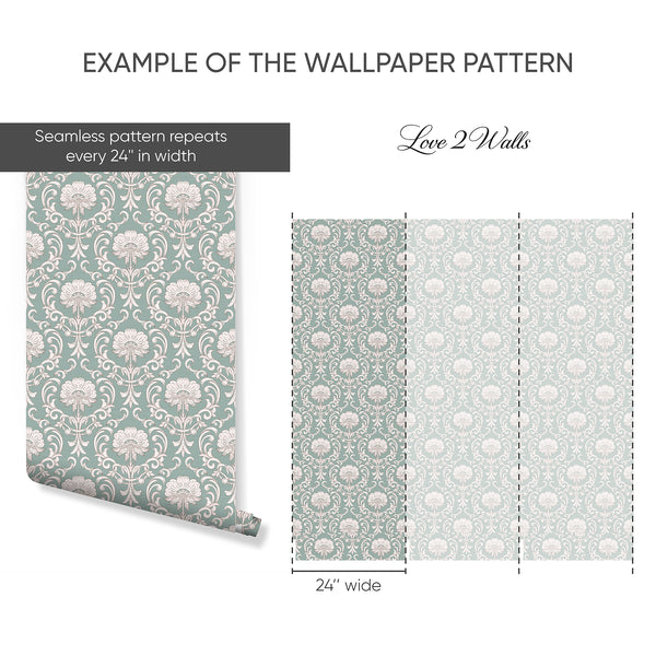 Floral medallion damask wallpaper with a muted teal ground, ideal for adding a timeless appeal to dining rooms or sophisticated hallways.