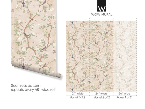 Beige Blossom Trees & Birds Wallpaper W054 - CostaCover - Peel and stick Removable Wallpaper - abstract wallpaper - accent wallpaper - adhesive wallpaper