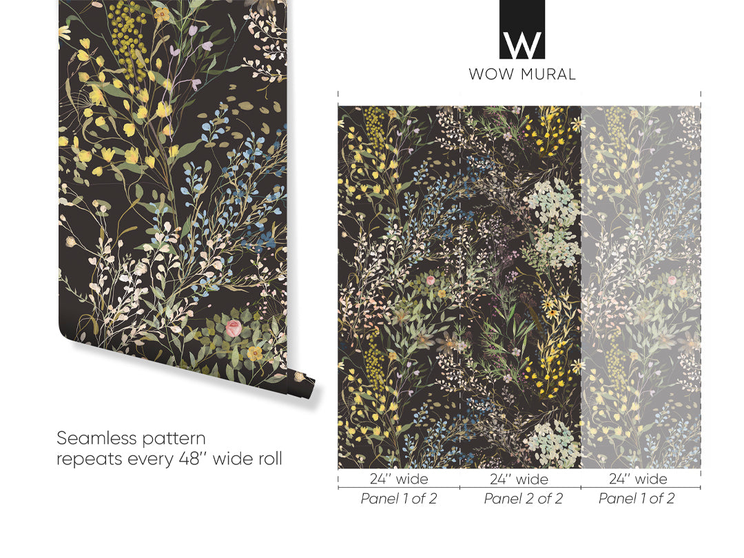 Yellow Blue Wildflowers and Dark Background Self Adhesive Wallpaper W053