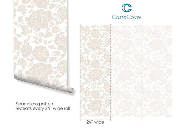 Nude Beige Peony Flowers Wallpaper CC301 - CostaCover - Peel and stick Removable Wallpaper - abstract floral - abstract wall art - abstract wallpaper