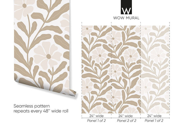 Beige Floral Botanical Wallpaper W141 - CostaCover-Peel and stick Removable Wallpaper-Abstract-abstract floral-abstract lines