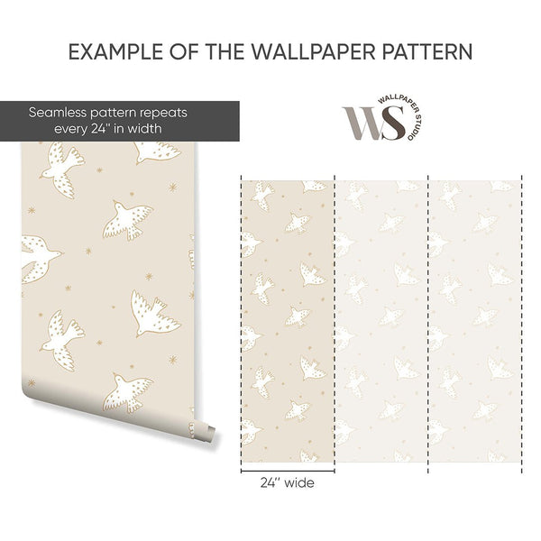 Beige White Birds & Stars Wallpaper S051 - CostaCover - Peel and stick Removable Wallpaper - abstract wallpaper - accent wallpaper - adhesive wallpaper
