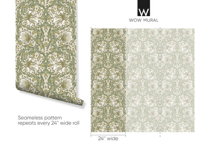 White & Green Pimpernel by Morris Wallpaper W083