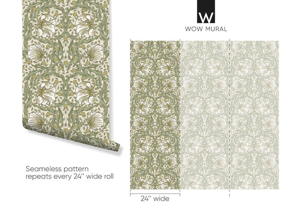 White & Green Pimpernel by Morris Wallpaper W083 - CostaCover - Peel and stick Removable Wallpaper - abstract floral - abstract wall art - abstract wallpaper