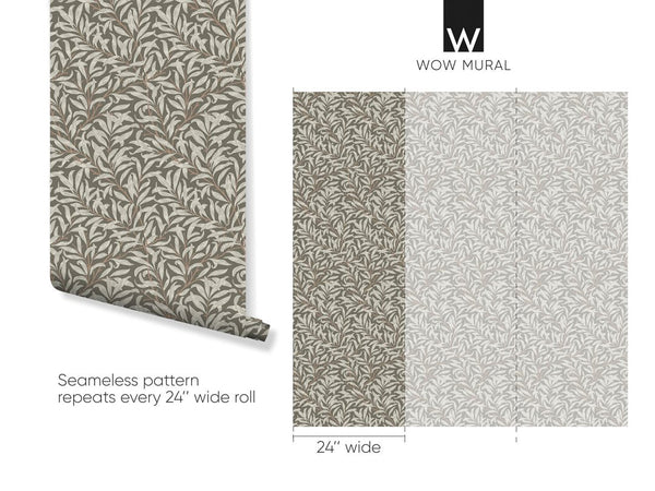 Willow bough wallpaper with rhythmic leaf patterns on a taupe-brown ground, offering a heritage-inspired decor for bedrooms. The self-adhesive design allows for easy application and repositioning.