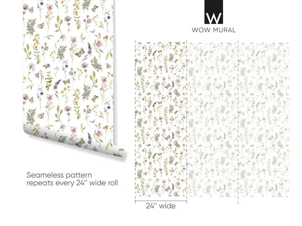 Wildflower peel and stick wallpaper with delicate motifs, offering a charming touch to hallways or living spaces.
