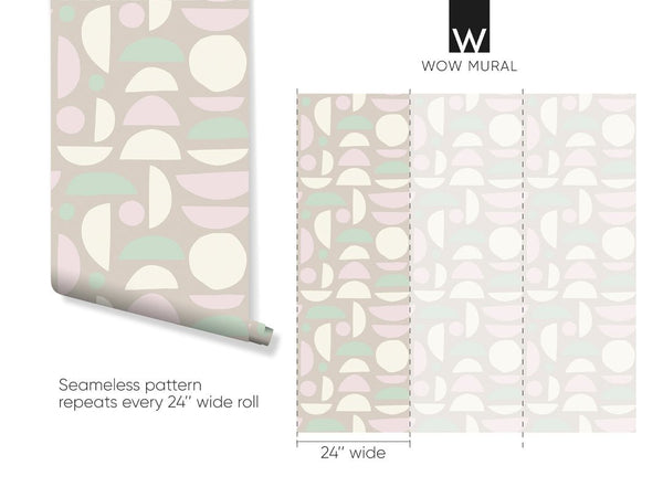 Add a touch of modern charm with pastel geometric wallpaper featuring circles in mint, blush pink, and taupe. Perfect for bathrooms or living spaces, this self-adhesive mural offers a clean, graphic decor option with eco-friendly materials for easy application.