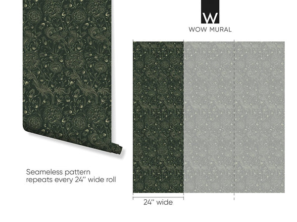 Dark Green Wild Tulip by Morris Wallpaper W113 - CostaCover - Peel and stick Removable Wallpaper - abstract floral - accent wallpaper - adhesive wallpaper