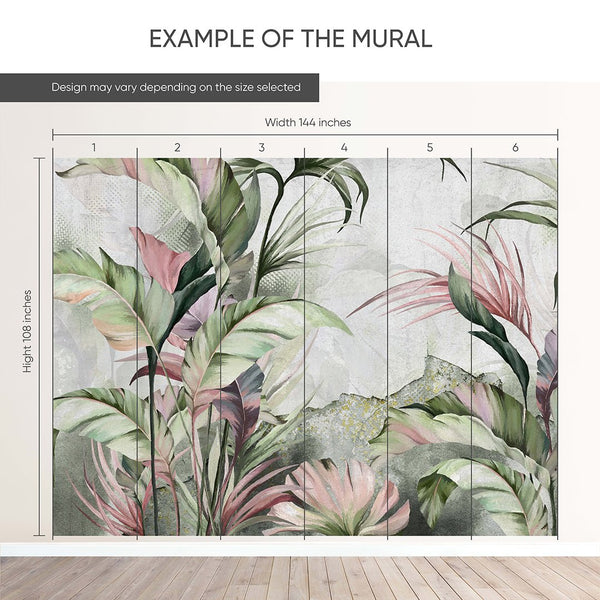 Green Pink Palm Leaves Wall Mural SM013 - CostaCover - Peel and stick Removable Wallpaper - abstract wallpaper - accent wallpaper - adhesive wallpaper