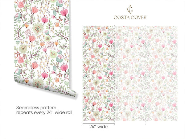 Pink Green Floral Wallpaper CC345 - CostaCover - Peel and stick Removable Wallpaper - abstract floral - abstract wall art - abstract wallpaper