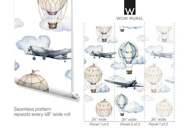 Blue Airplanes & Air Balloons Wallpaper W071 - CostaCover - Peel and stick Removable Wallpaper - abstract wallpaper - accent wallpaper - adhesive wallpaper