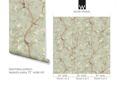 Green Blossom Trees & Birds Wallpaper W056