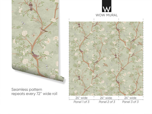 Green Blossom Trees & Birds Wallpaper W056 - CostaCover - Peel and stick Removable Wallpaper - abstract wallpaper - adhesive wallpaper - baby bedroom