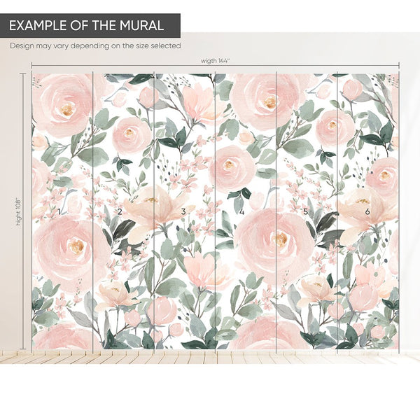 Soft Pink Roses Wall Mural WM013 - CostaCover - Peel and stick Removable Wallpaper - adhesive wallpaper - baby bedroom - bedroom wallpaper