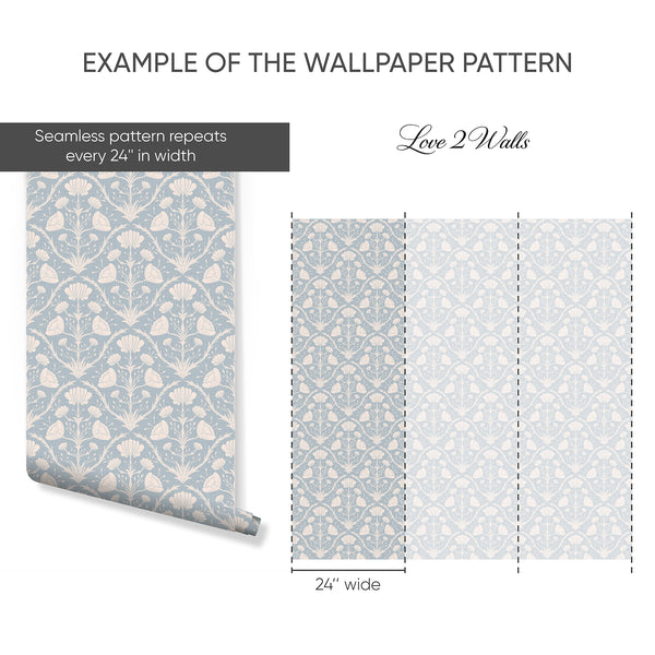Compact blue floral pattern with mirrored elements, suitable for a cottage bedroom. Removable peel and stick design, perfect for decorators.