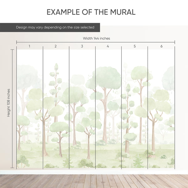 Example of a 144-inch-wide by 108-inch-high mural split into 6 panels, showing how the design is divided across  panels; the printed design varies with the size selected.
