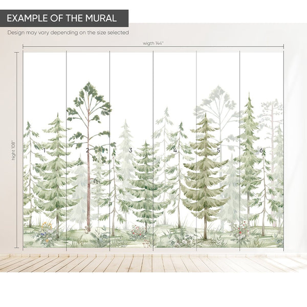 Green Watercolor Pine Trees Wall Mural WM095 - CostaCover - Peel and stick Removable Wallpaper - abstract wallpaper - accent wallpaper - adhesive wallpaper