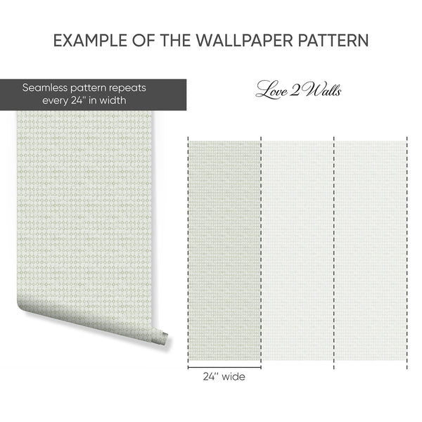 A soft, airy diamond lattice in pale sage green creates a minimalist geometric pattern suitable for Scandinavian interiors. The eco-friendly removable material is easy to apply and reposition, catering to decorators seeking a subtle wall solution.
