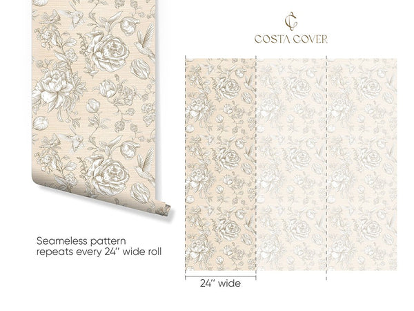Flowers & Birds Beige Grasscloth Wallpaper CG009 - CostaCover - Traditional Wallpaper - bathroom wallpaper - bedroom wallpaper - beige