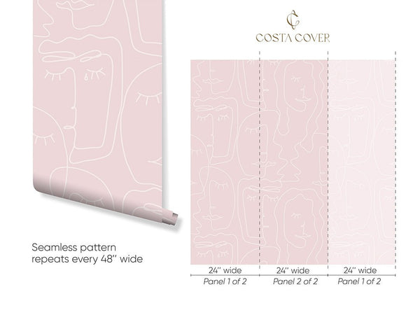 Pink Abstract Female Face Wallpaper CC308 - CostaCover - Peel and stick Removable Wallpaper - Abstract - abstract lines - abstract mural