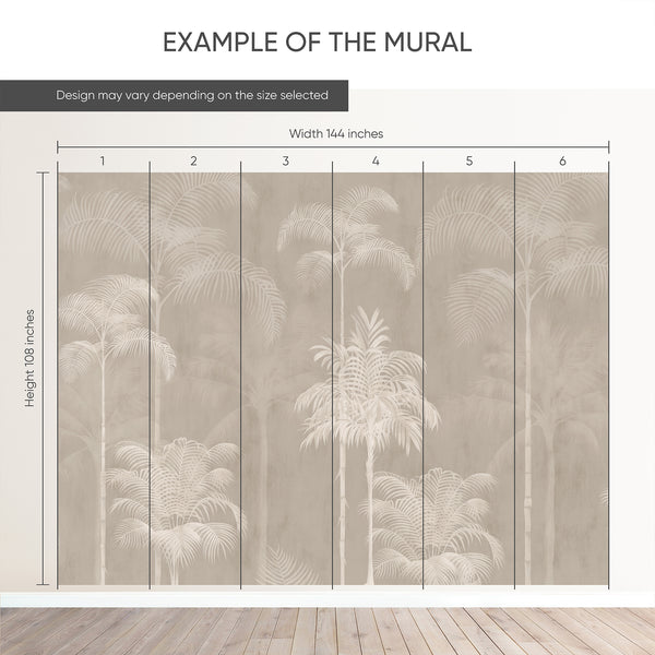 Example of a 144-inch-wide by 108-inch-high mural split into 6 panels, showing how the design is divided across  panels; the printed design varies with the size selected.