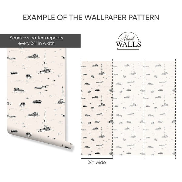Beige Boat Sketch Wallpaper A080 - CostaCover-Peel and stick Removable Wallpaper-Abstract-abstract wall art-abstract wallpaper