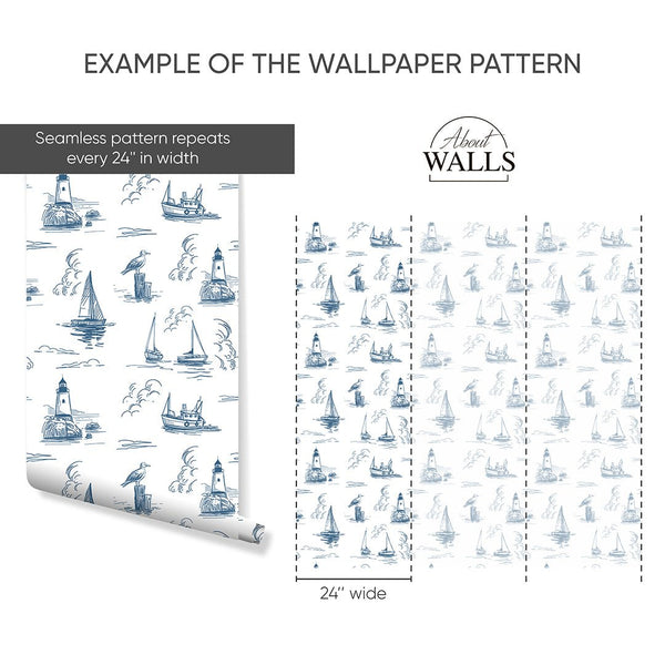 Blue Nautical Sketch Wallpaper A081 - CostaCover-Peel and stick Removable Wallpaper-abstract wallpaper