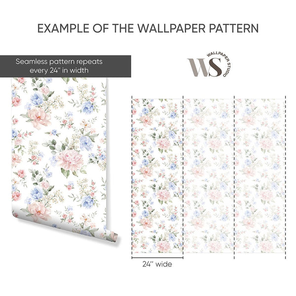 Pink Blue Flower Bouquet Wallpaper S059 - CostaCover - Peel and stick Removable Wallpaper - accent wallpaper - adhesive wallpaper - bathroom wallpaper