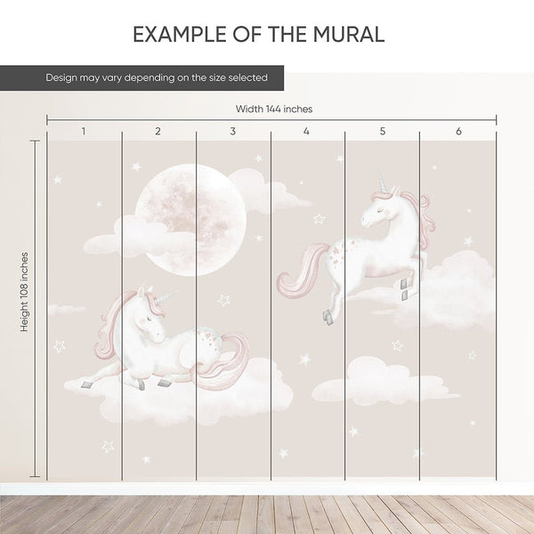 Beige Unicorns & Moon Wall Mural AM128 - CostaCover-Peel and stick Removable Wallpaper-accent wallpaper-adhesive wallpaper-baby bedroom