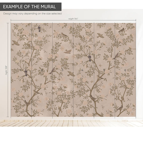 Beige Trees & Birds Wall Mural WM034 - CostaCover - Peel and stick Removable Wallpaper - accent wallpaper - adhesive wallpaper - bathroom wallpaper