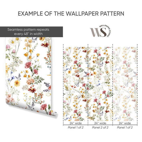 Elegant Red Yellow Wildflowers Wallpaper S074 - CostaCover - Peel and stick Removable Wallpaper - accent wallpaper - adhesive wallpaper - bathroom wallpaper