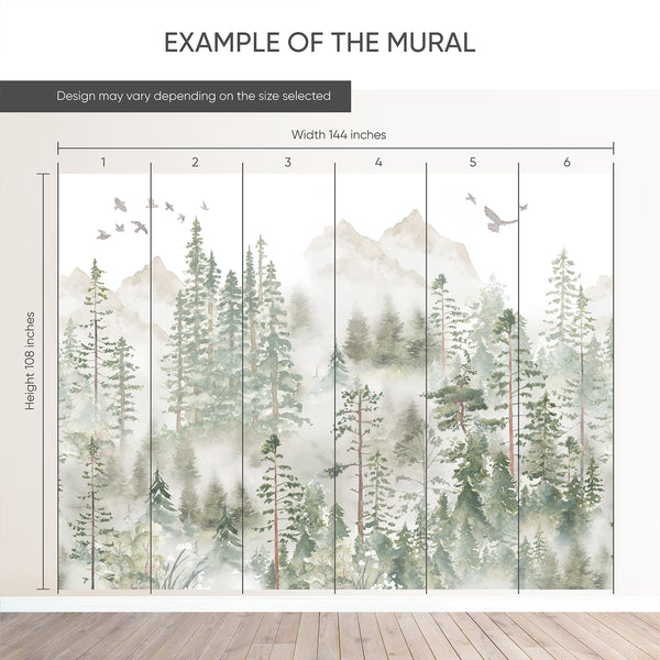 Removable wallpaper with misty forest design, perfect for renters seeking a nature-inspired living room update.