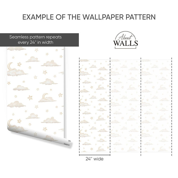 Tiny Clouds & Moon Wallpaper A055 - CostaCover-Peel and stick Removable Wallpaper-accent wallpaper-adhesive wallpaper-baby bedroom