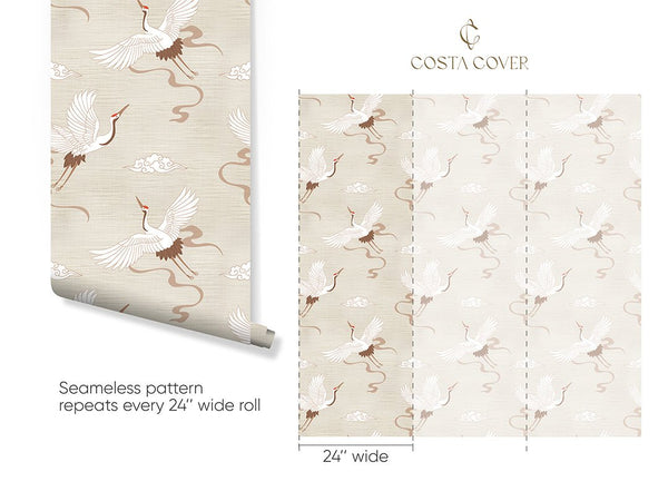 Chinoiserie Crane Beige Grasscloth Wallpaper CG001 - CostaCover - Traditional Wallpaper - accent wallpaper - bathroom wallpaper - bedroom wallpaper