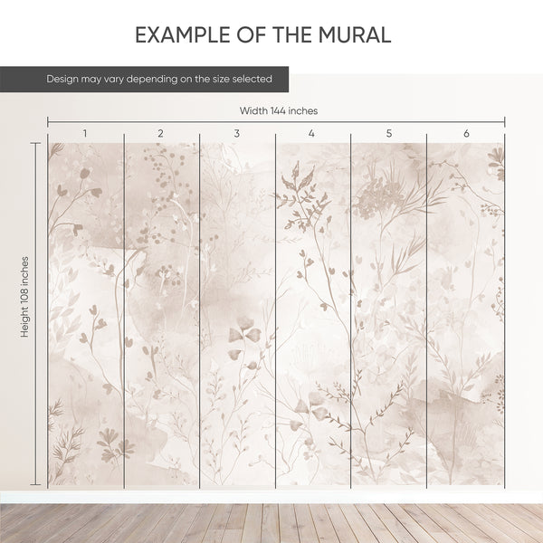 Example of a 144-inch-wide by 108-inch-high mural split into 6 panels, showing how the design is divided across  panels; the printed design varies with the size selected.