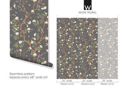 Dark Gray Botanical Blossom Trees Self Adhesive Wallpaper W057