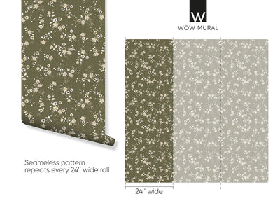 Olive Green Mini Floral Wallpaper W149