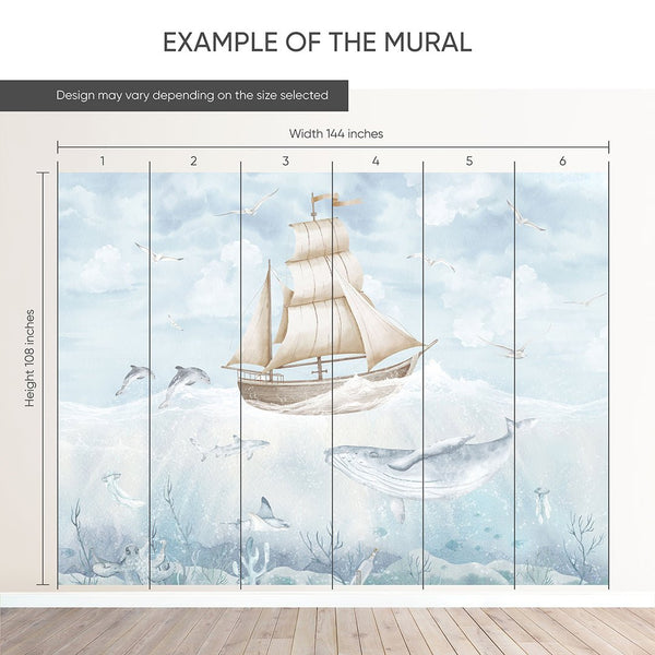 Blue Beige Sailboat & Whale Wall Mural AM152 - CostaCover-Peel and stick Removable Wallpaper-accent wallpaper-adhesive wallpaper-baby bedroom