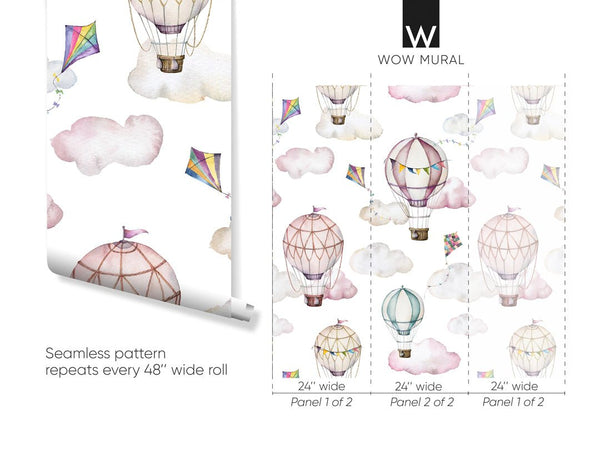Pink Air Balloons & Clouds Wallpaper W072 - CostaCover - Peel and stick Removable Wallpaper - abstract wallpaper - accent wallpaper - adhesive wallpaper