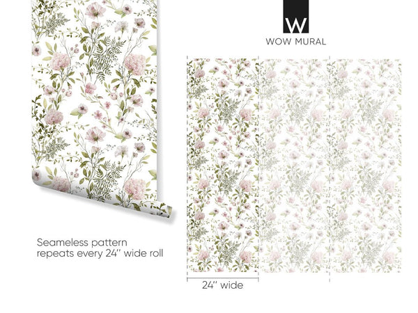 Pink Green Field Plants Wallpaper W064 - CostaCover - Peel and stick Removable Wallpaper - accent wallpaper - adhesive wallpaper - adhesive wallpaper design