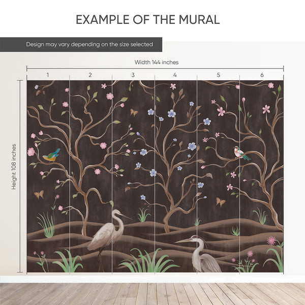 Example of a 144-inch-wide by 108-inch-high mural split into 6 panels, showing how the design is divided across  panels; the printed design varies with the size selected.