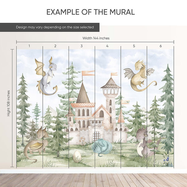 Dragons Castle in Forest Wall Mural SM038 - CostaCover - Peel and stick Removable Wallpaper - accent wallpaper - adhesive wallpaper - baby bedroom