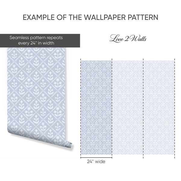 Dusty Blue Linen Floral Lattice Wallpaper L123